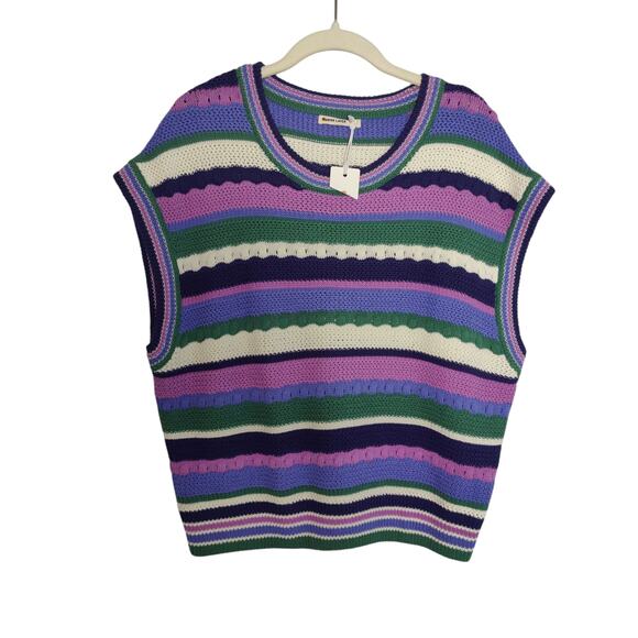 NWT Marine Layer Sz L Rory Crochet Knit Stripe Sleeveless Sweater Vest Purple - Picture 2 of 7